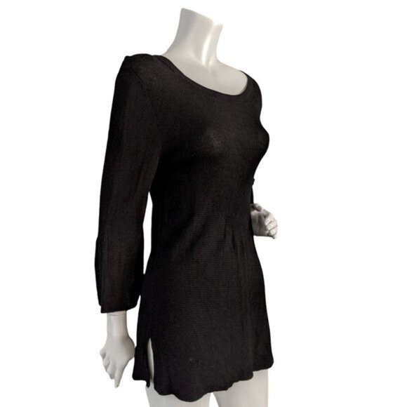 Lord Taylor Long Stretch Knit Tunic Top 34 Sleeves Bell Flared Shirt Black - Picture 3 of 10